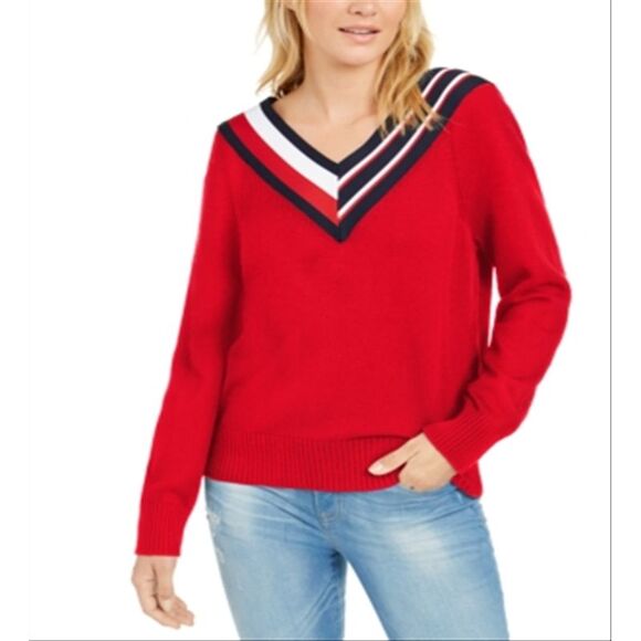 Tommy Hilfiger Women's Striped V Neck Sweater Black Size Medium